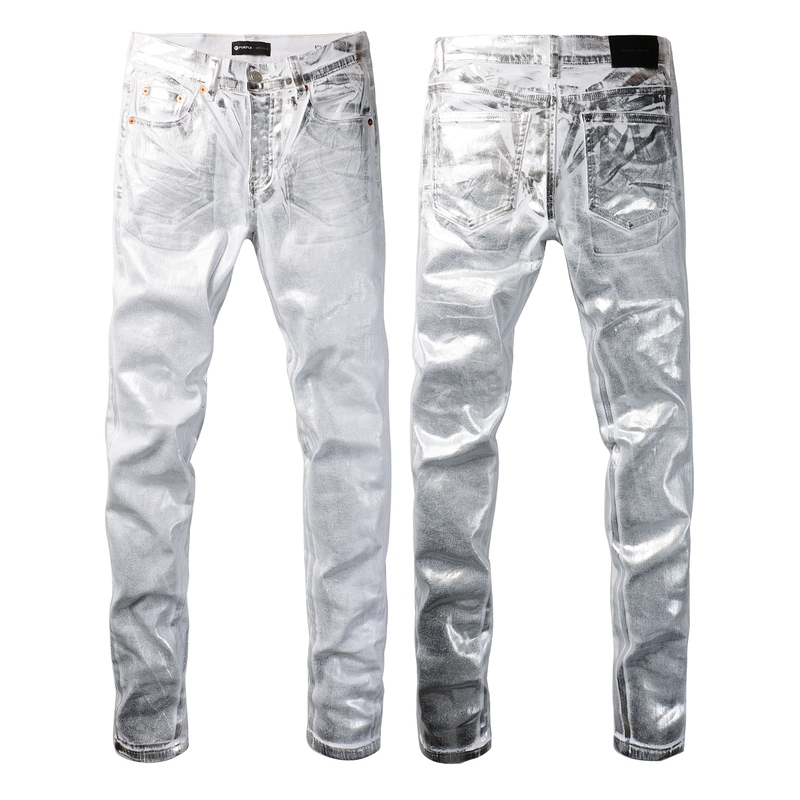 Spring and Summer High Street Fashion Brand Men's Splash-Ink Paint Coating Silver-White Personalized Stage Slim-Fitting Pants Jeans