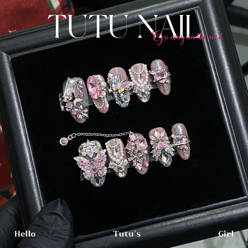 【Pink Butterfly】Tutu Nail Handmade Wearable Nail Art Short Nails Lace Whitening Heavy Craft Chain Butterfly Nude Pink