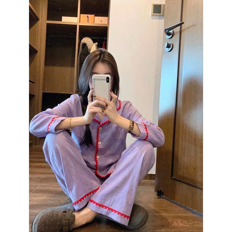 Korean-Style Sweet and Soft Long-Sleeved Pajamas for Women, Spring and Autumn Style, Long Cardigan, Long Pants, Home Wear, Purple Suit, Summer