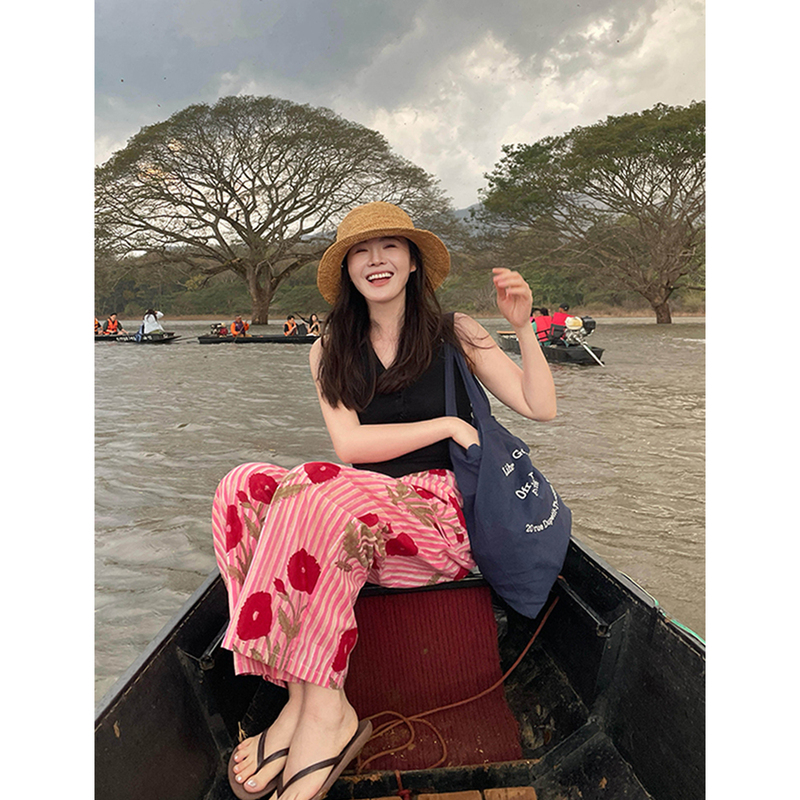 Casual Style Stripesd Floral Print Pajama Pants for Women Spring 2026 New Loose Straight Home Pants That Can Be Worn Outside