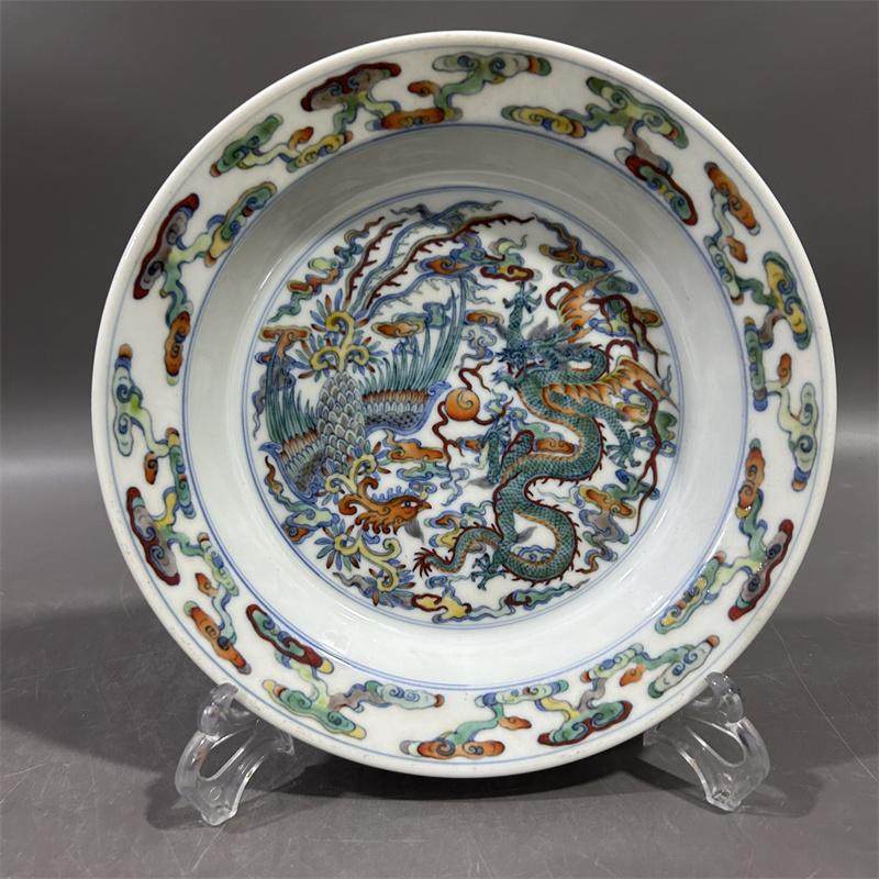 清康熙黑地绿彩龙纹盘手工手绘大开门收藏摆件装饰古董精品老瓷器