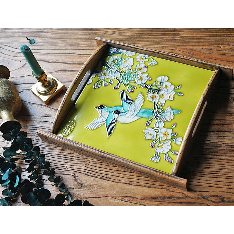 Good women's ceramic painting home decoration decoration tray American solid wood storage tray tea tray fruit tray wedding gift