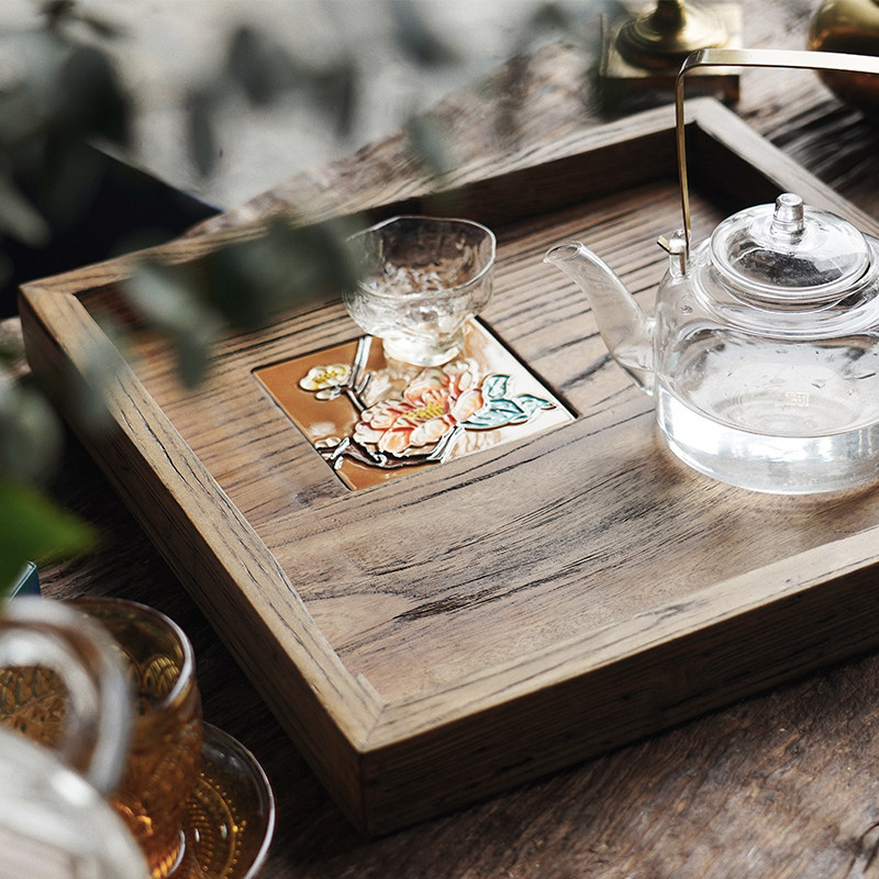 Canon Home Home Brief Old Elm Wood Tea Tray Tea Set Containing ceramic Trays Retro wind Desktop Decorative Hem