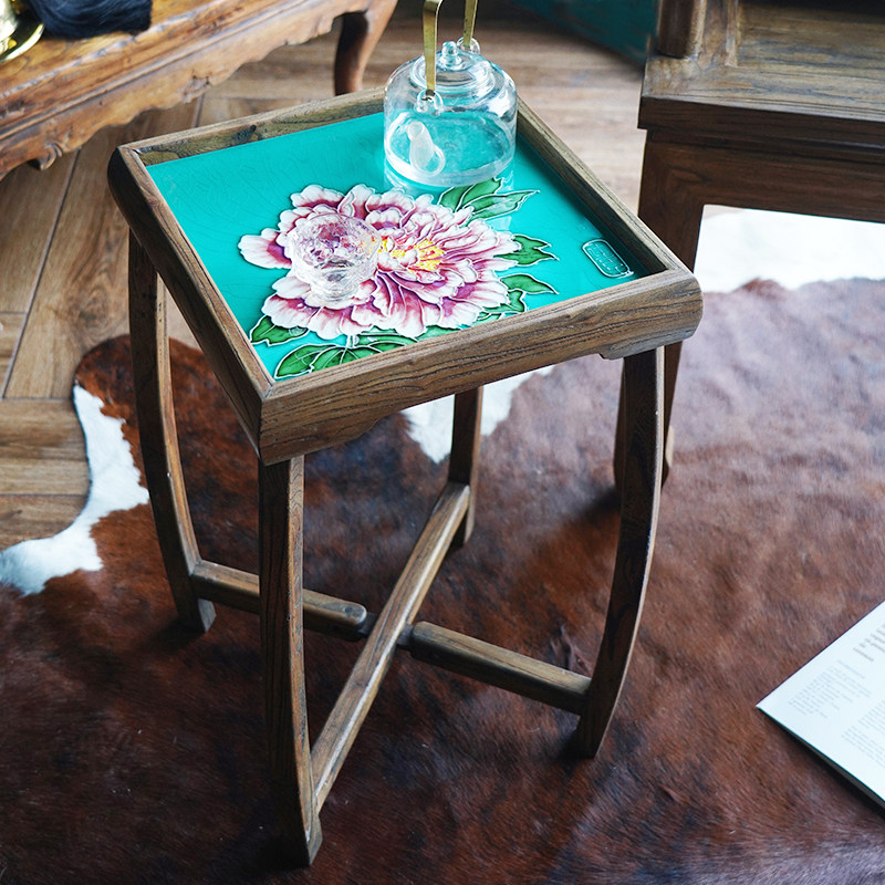 Elm inlaid ceramic table Chinese style folding tea table balcony simple square table solid wood household edge corner furniture
