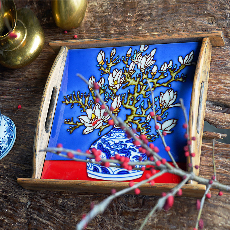 (Canon) Ceramic insert solid wood Tray Creative Living Room Decoration Pendulum fruit tray Chinese New Year's gift