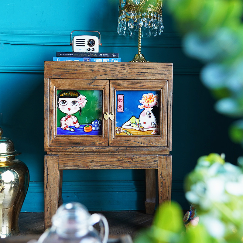 Chinese style retro solid wood bed head cabinet small multifunctional storage containing cabinet ceramic inlaid elm wood-in-the-door cabinet edge cabinet