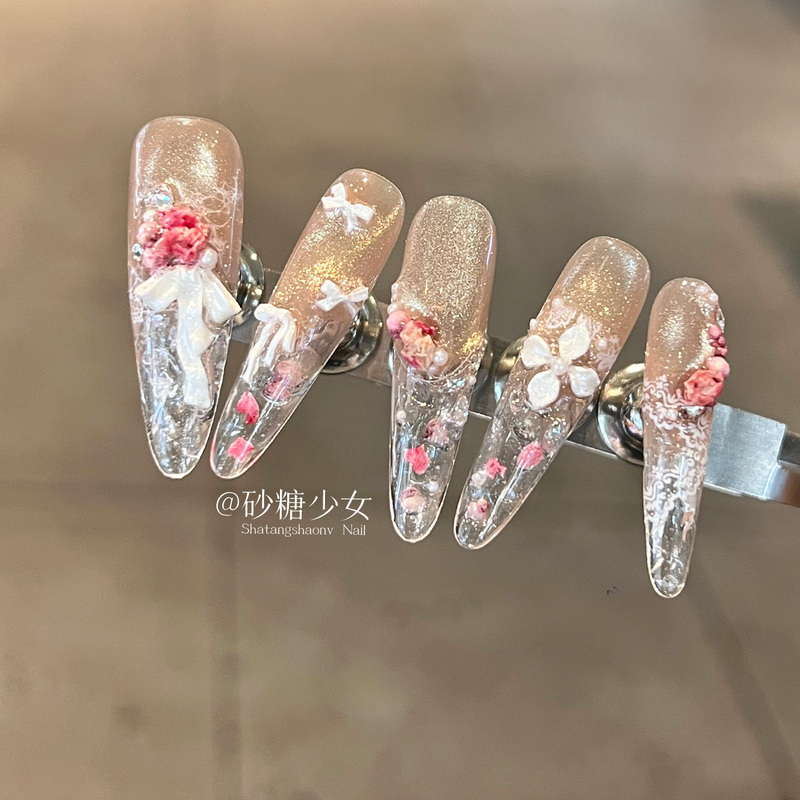 French-Style Cat-Eye Long Wear-On Nails 2026 New Model High-End Nail Stickers Stunning Handmade Wedding Nails Wearable Nail Art
