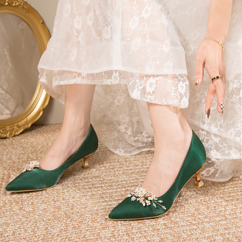 Unique Green Wedding Shoes, High Heels That Are Comfortable, Pointed Toe, Shallow Mouth, Single Shoes, Xiuhe Wedding Bride Shoes for Going Out and Getting in the Car