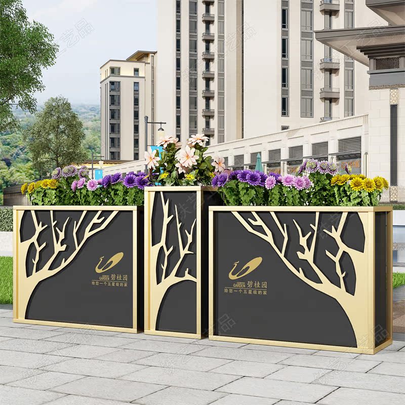 Iron Art Outdoor Flower Case Custom Flower Groove Square Community Sample House Display Center Commercial Street Creative section Planting Box Flower Beds portfolio