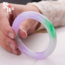 Juzhen Pavilion Old Pit A Goods Violet Sun Green Floating Flowers Spring Belt Colorful Ice Jade Round Bar Three-color Purple Jade Bracelet