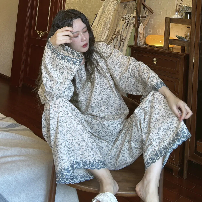 Damen Pure Cotton Pajamas for Women, Spring and Autumn Floral Long-Sleeved Long Pants Set, Retro Large Size Loungewear That Can Be Worn Outside Damen Pure Cotton Pajamas for Women, Spring and Autumn Floral Long-Sleeved Long Pants Set, Retro Large Size Loungewear That Can Be Worn Outside