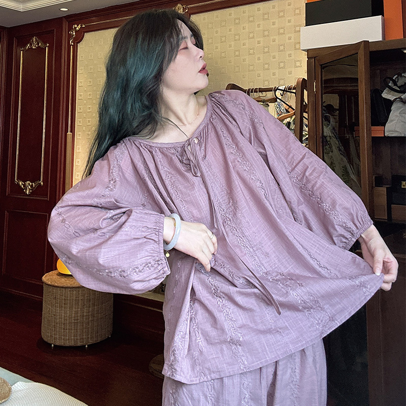 Damen Pure Cotton Pajamas for Women, Spring and Summer, High-End Long-Sleeved Long Pants Set, Loose Large Size, French Embroidery Loungewear Damen Pure Cotton Pajamas for Women, Spring and Summer, High-End Long-Sleeved Long Pants Set, Loose Large Size, French Embroidery Loungewear