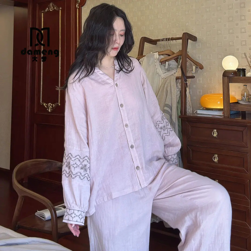 Dream Pajamas for Women, Spring and Autumn Vintage Embroidered Pure Cotton Gauze Loungewear, Long-Sleeved Casual Wear That Can Be Worn Outside, Set Dream Pajamas for Women, Spring and Autumn Vintage Embroidered Pure Cotton Gauze Loungewear, Long-Sleeved Casual Wear That Can Be Worn Outside, Set