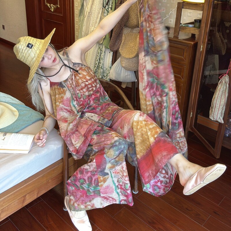 Damen Summer Pajamas for Women, Loose Fit, Chinese Style, Pure Cotton, Camisole and Long Pants, 2026 New Model, Can Be Worn Outside, Homewear Camisole Dress