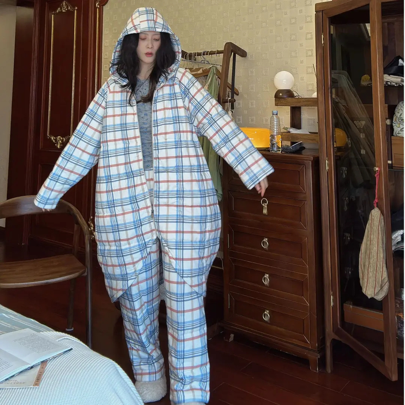 Big Dream Women's Pajamas Three-Layer Quilted Thickened Warm Autumn and Winter Mid-Length Loose Large Size Plaid Homewear Set