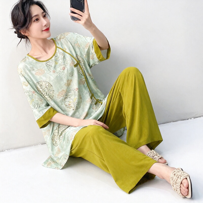 Summer New Cotton Silk Two-Piece Set, New Chinese Style, Women's Loose Thin Pajama Set That Can Be Worn Outside, Elegant