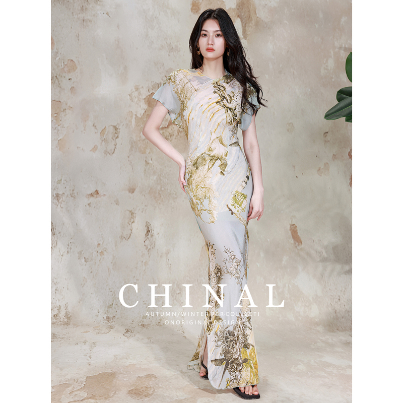 Chinal 45-Degree Bias-Cut 100% Mulberry Silk High-Density Artistic Print Elegant Dress Silk Waist-Cinching Long Dress