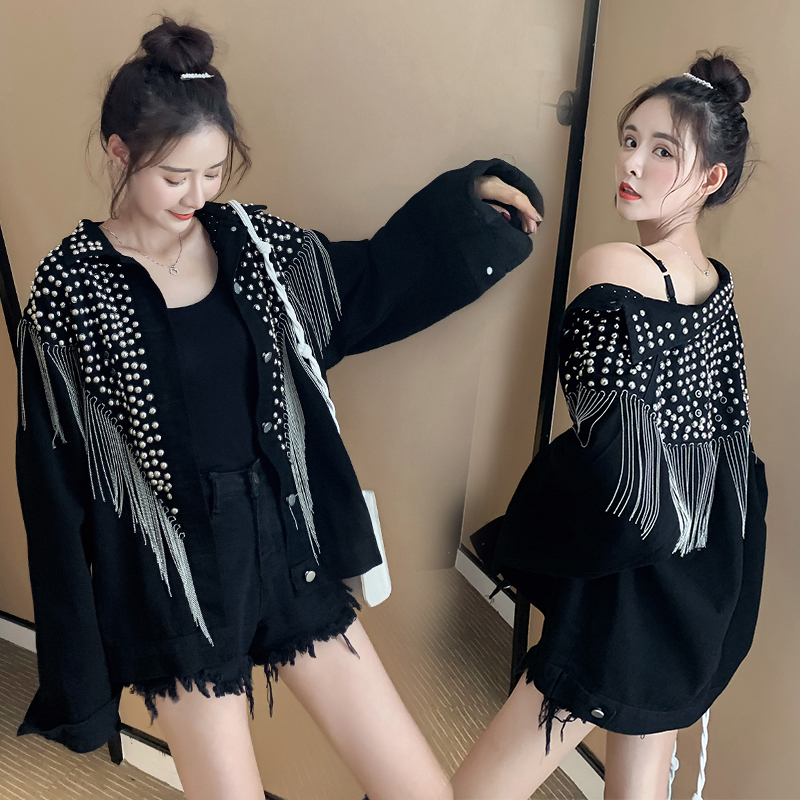 Heavy-Duty Beaded Tassel Denim Jacket for Female Students, New Spring and Autumn Korean Style, Petite Solid Color Workwear Jacket Top