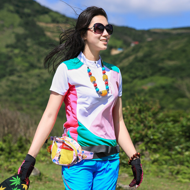 Outdoor speed dry dress girl short sleeve T-shirt splicing elasticity repair slim wet absorption sweat fast dry clothes walking