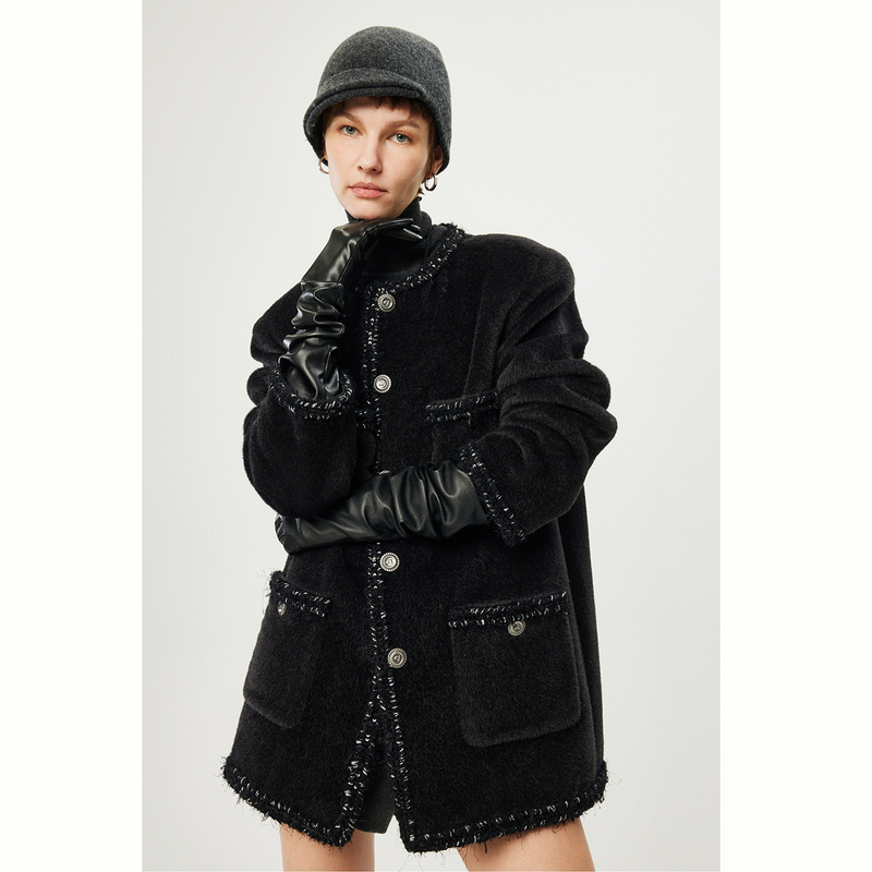 Italian Lp Peruvian Inca Undyed Alpaca Wool Chanel-Style Winter Lightweight Coin-Shaped Tweed Coat