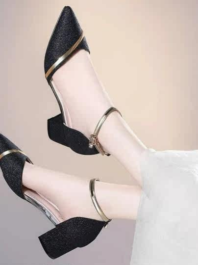 单鞋女2022春秋新款亮片婚鞋气质时尚小众款女粗跟单鞋伴娘高跟鞋