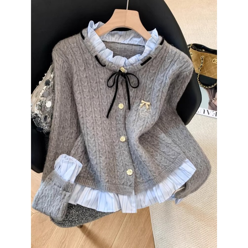 Spring New Style Bowknot Slimming Sweater Cardigan for Women, Stylish Chanel-Style Faux Two-Piece Ruffled Knit Cardigan for Women