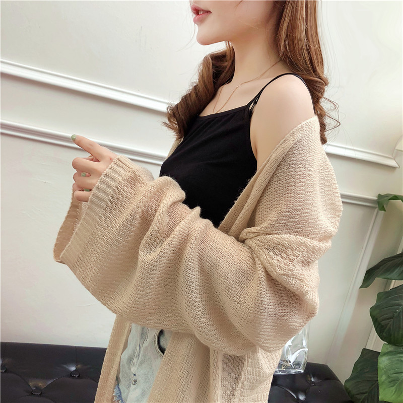 Áo len mỏng điều hòa mùa hè nữ đại học lười gió Phiên bản Hàn Quốc của áo khoác lửng dệt kim dài phần chống nắng quần áo áo len đỏ