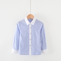 Childrens shirt pure cotton long sleeved white shirt boy and girl blue bar shirt with bottom coat choral shirt