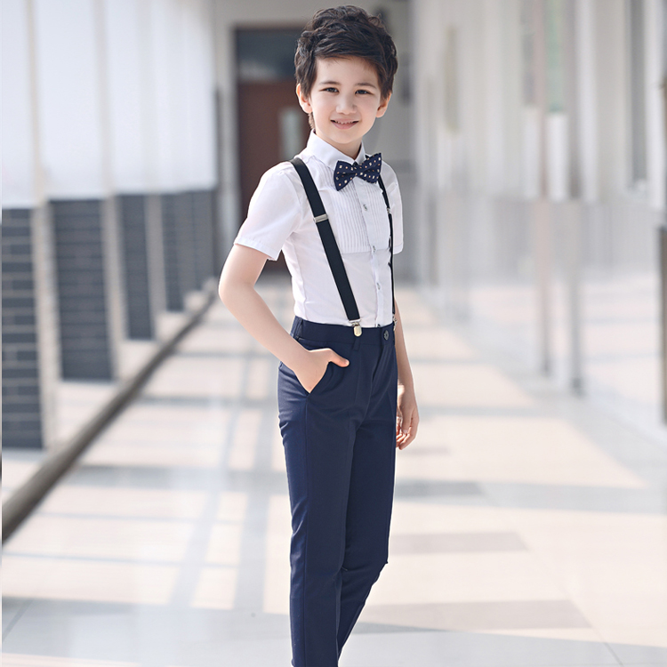 blue pants white shirt tie