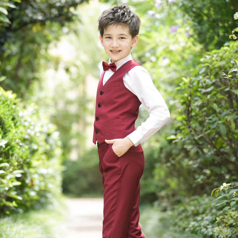 Boys Dress School Uniform Wine Red Small Suit Children's Vest Four-piece Boy Flower Girl Suit Piano Performance Costume