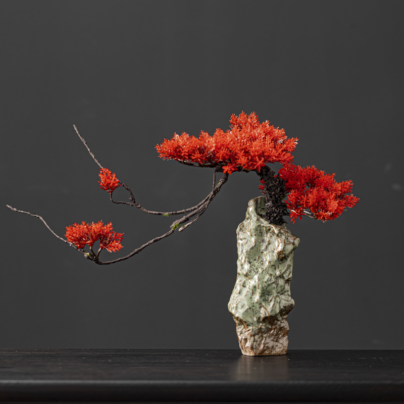 New Chinese-Style Artificial Welcoming Pine Bonsai Plant, Wealth-Attracting Zen Ornament, Living Room Entrance Small Potted Plant, Desktop Decoration