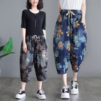 Summer thin retro art print denim pants cropped pants