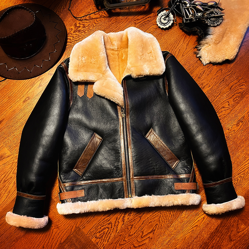 B3 Original Shearling Flight Suit Men's Lambskin Genuine Leather Motorcycle Short Jacket Fur Coat Thick