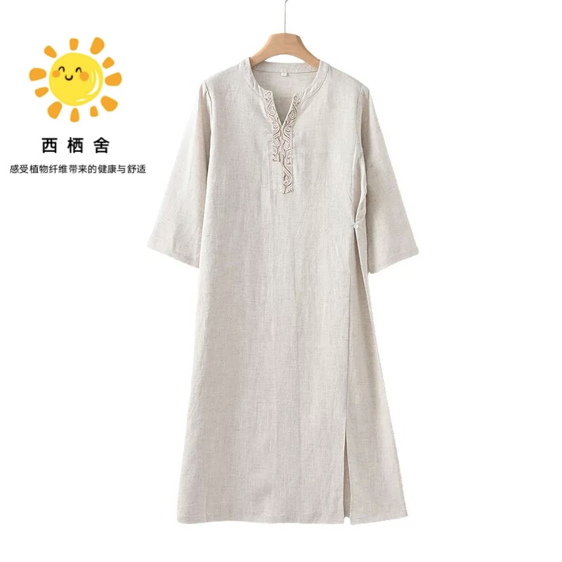 Original Style [Linen Dress] New Chinese Style Slit Elegant Long Dress