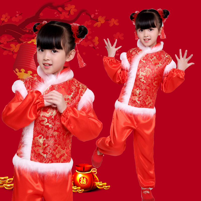 Ngày đầu năm của trẻ em Trang phục lễ hội Trang phục quốc gia Yangge Mẫu giáo mở cửa Red Dance Winter Performance Quần áo Phong cách mới đồ tết cho bé gái