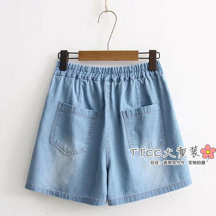 Lớn trẻ em mùa hè của phụ nữ jeans 12-15 tuổi sinh viên lỏng chặt chẽ eo quần short cô gái béo kích thước lớn mỏng quần nóng