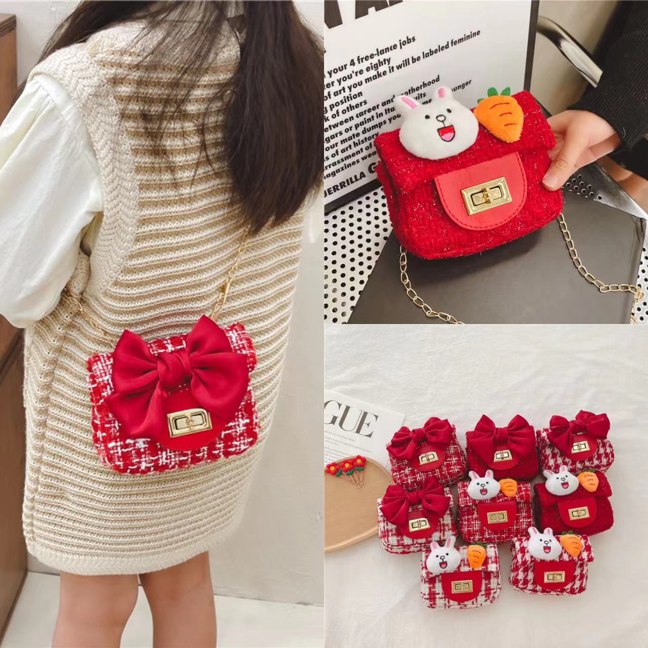 子供用新年バッグ小さな女の子かわいいバニーショルダークロスボディバッグ女の子プリンセスベビーレッド新年挨拶バッグ