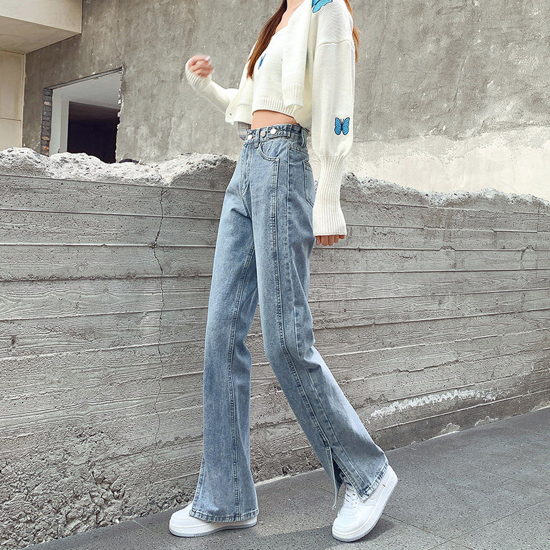 Straight Cylinder Open Fork Jeans Woman Thin section High waist Slim Loose Slim Loose small Broadlegged Pants 2022 Summer New