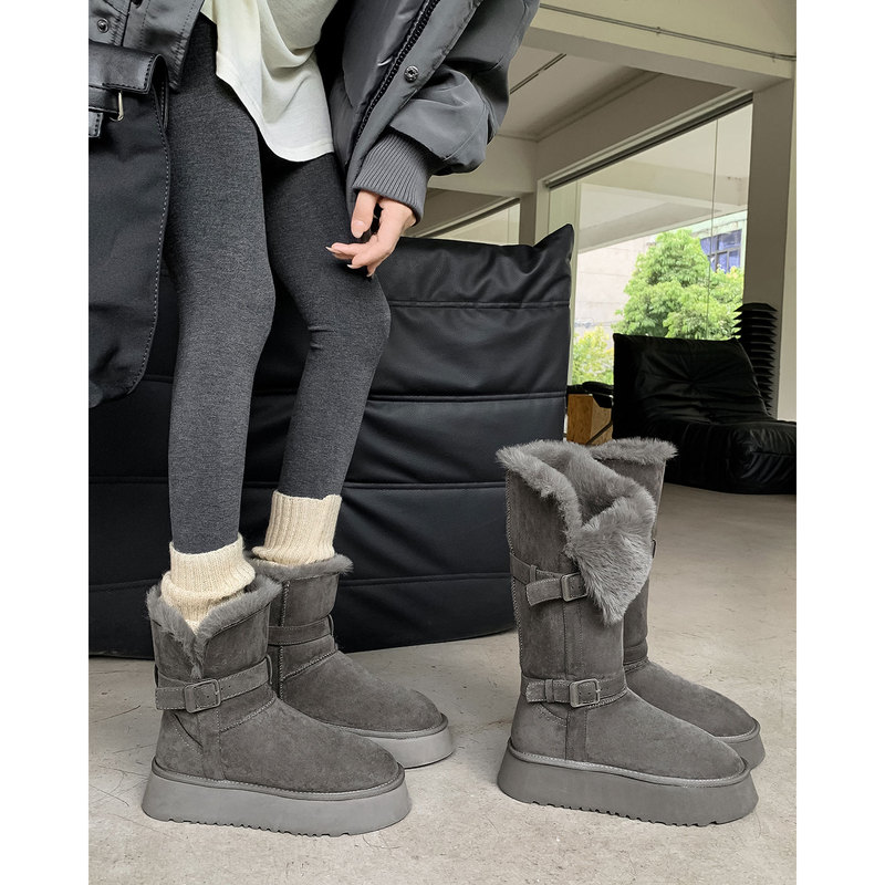 [Godalin] 2026 Winter New High-Top Snow Boots for Women, Thick-Soled, Fleece-Lined, Thickened, Northern Gray Cotton Shoes for Winter