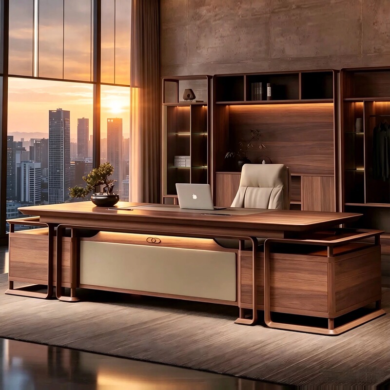 New Chinese-Style North American Black Walnut Executive Desk, Modern Light Luxury High-End Executive Desk for Leadership and Ceo Office