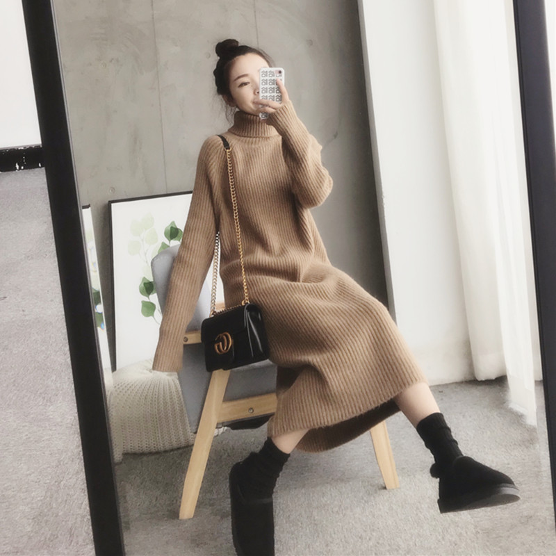 2021 autumn and winter new net red lazy wind loose high-neck long version over-the-knee pullover sweater women's knitwear dress