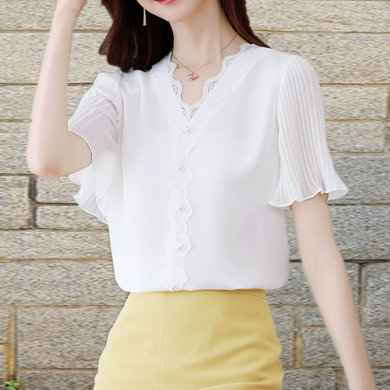 Phụ nữ ngắn tay mùa hè 2021 phong cách mới áo sơ mi voan tính khí thời trang áo sơ mi ren áo sơ mi trắng kiểu dáng nước ngoài áo sơ mi nhỏ - Áo sơ mi chiffon ren