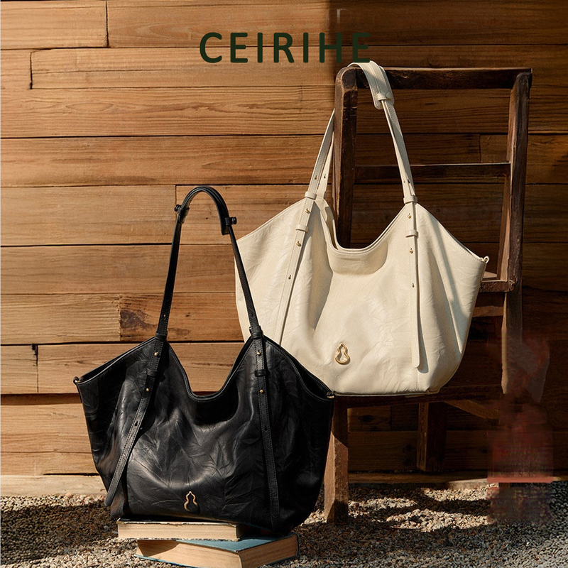 Ceirihe He Xiu Tote Bag Cowhide Shoulder Bag for Women 2026 New Large Capacity Commuter Bag Pleated Laptop Bag