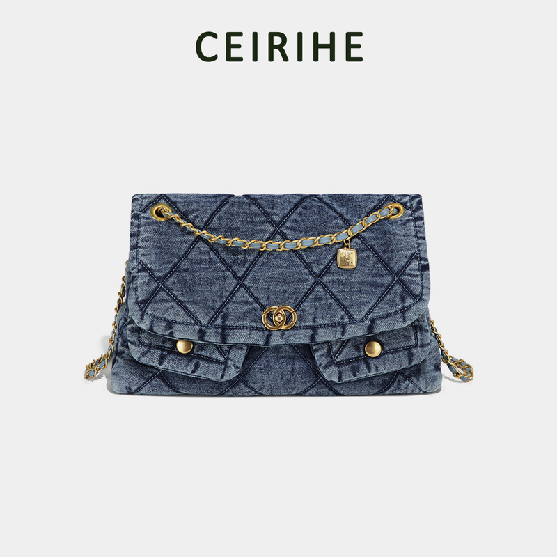 Ceirihe Small Chanel-Style Retro Denim Messenger Bag for Women with Multiple Pockets, Quilted Chain Bag, Commuter Shoulder Crossbody Bag
