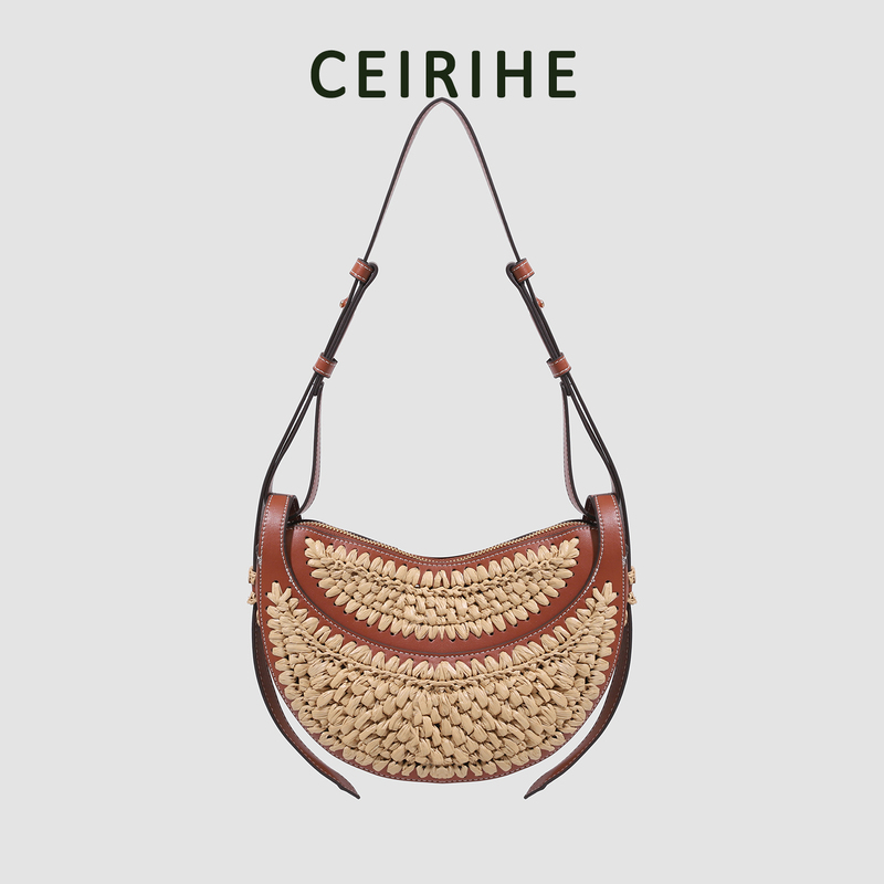 Ceirihe Niche Retro Raffia Woven Saddle Bag for Women, Beach Vacation Straw Bag, Single Shoulder Crossbody Bag Ceirihe Niche Retro Raffia Woven Saddle Bag for Women, Beach Vacation Straw Bag, Single Shoulder Crossbody Bag