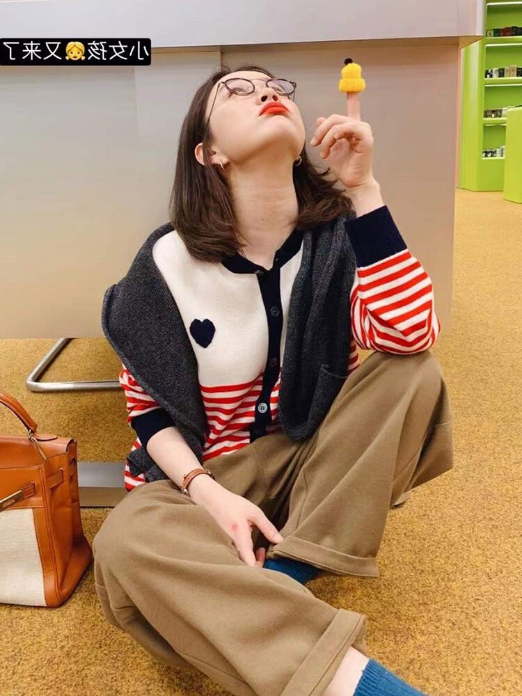 Wool Crash Color 100 Lap Striped Knit Cardiovert Jacket Woman 2022 Spring 100 Hitch Casual Conspicoy Long Sleeve Blouse