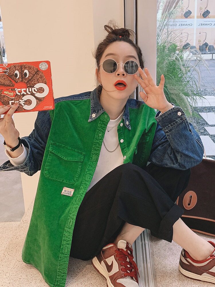 2021 autumn new design sense color contrast stitching denim shirt jacket female retro slim loose long-sleeved shirt