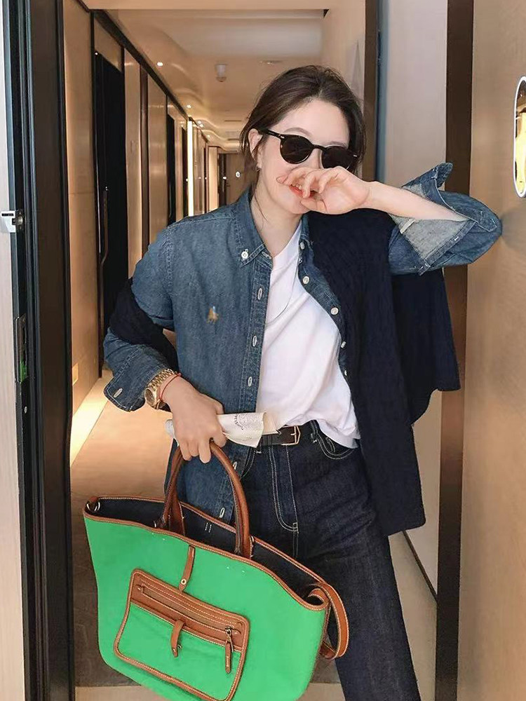 Early autumn all-match cotton embroidered blue denim shirt jacket women's Korean version of the niche design loose and thin top