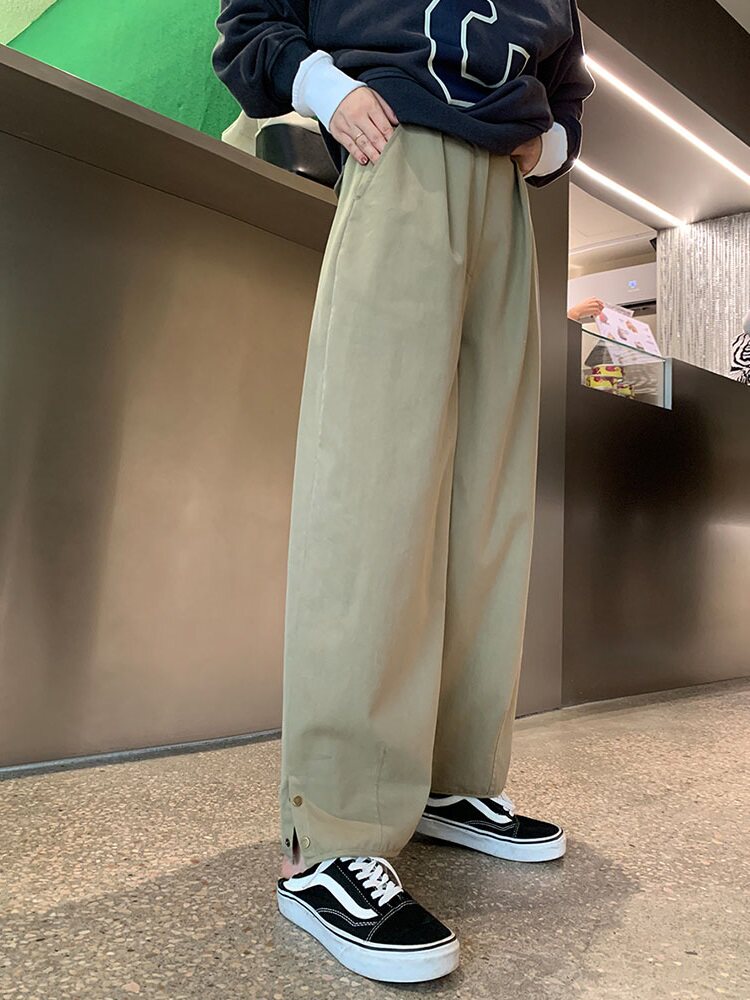 Hong Kong style retro high waist thin slit casual pants women's 2021 autumn Japanese all-match loose wide-leg straight-leg pants