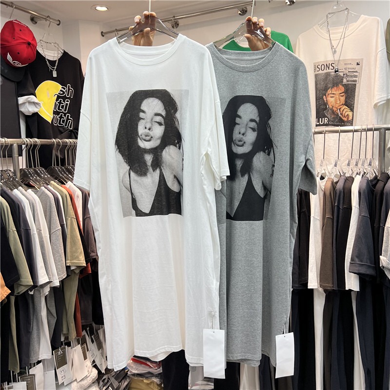 Original Export Surplus Stock, European Style Oversized Short-Sleeve T-Shirt for Women, Over-The-Knee Loose Harajuku Bf Style Long Dress